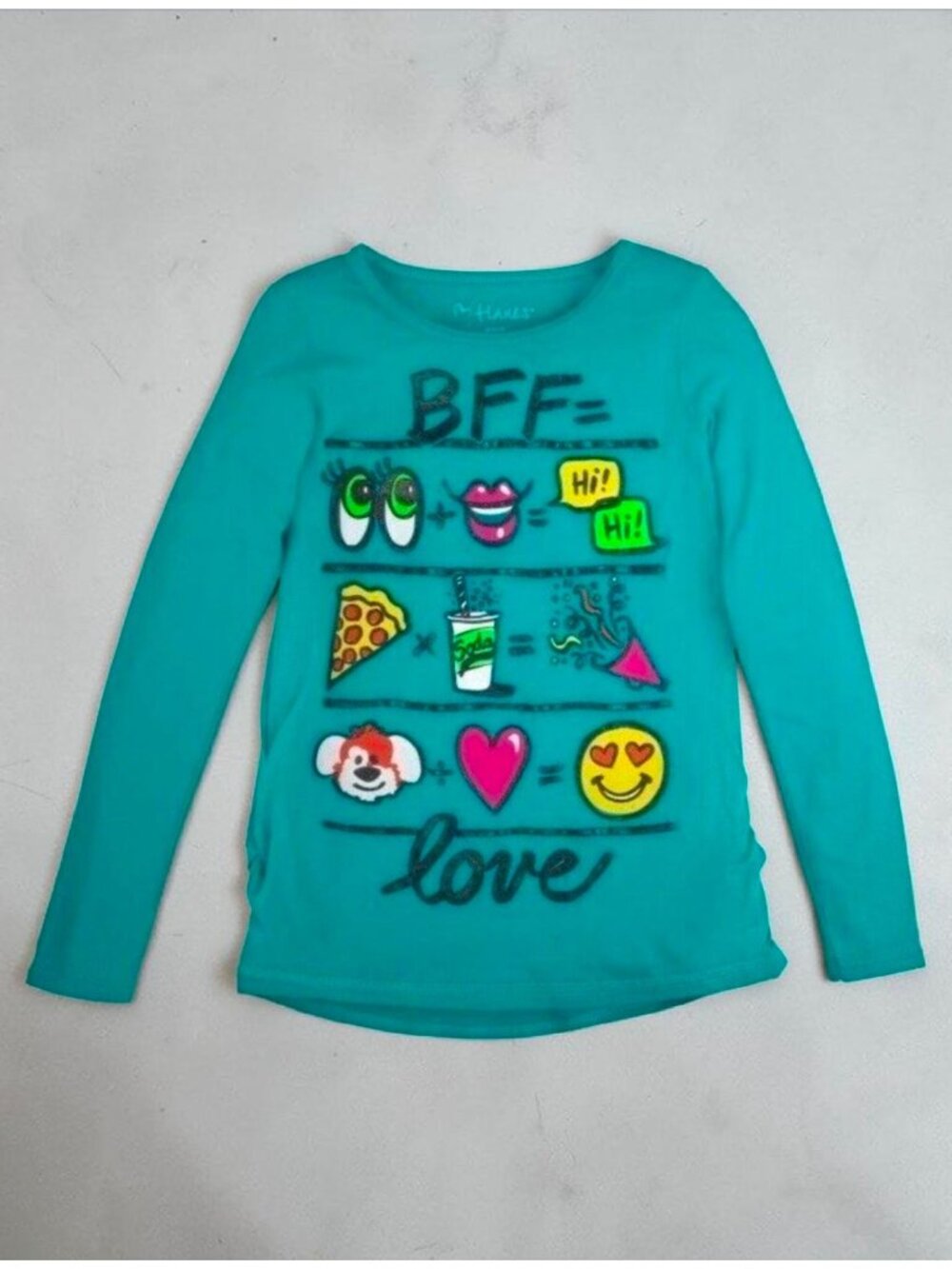 Hanes Girls Green Long Sleeve Graphic Tee With "BFF Love" Emoji Design Soft Rayo - Picture 3 of 8